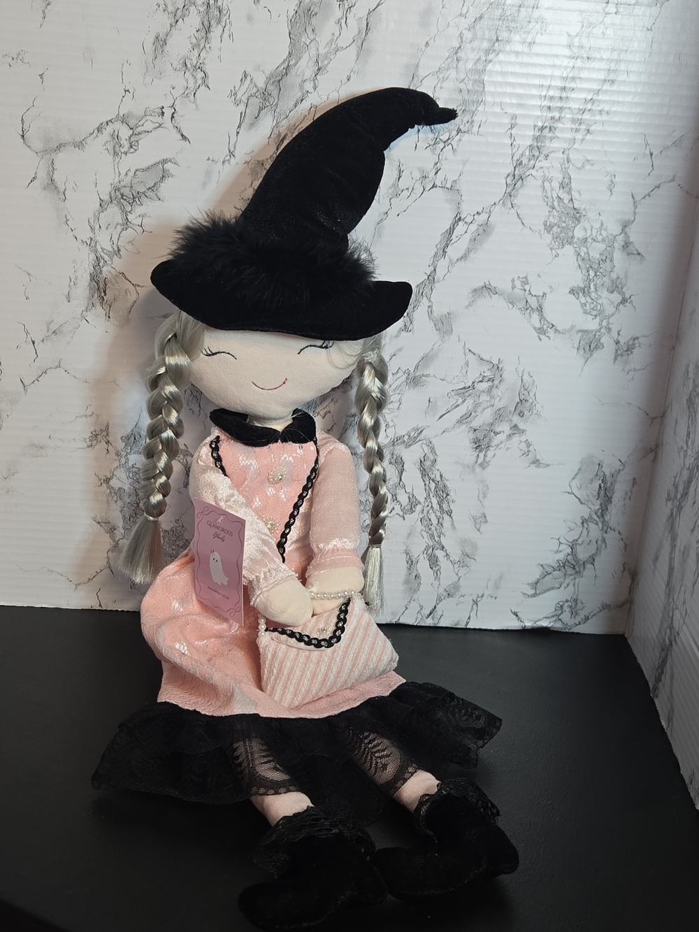Glamorous Ghouls Halloween Witch Doll W/Pink Lace Dress/Black Velvet Hat NWT